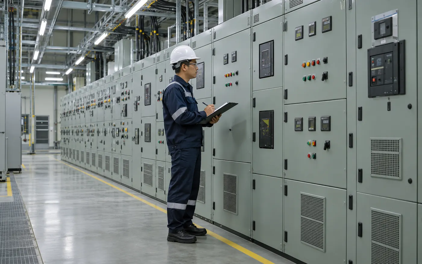 Engineer inspecting switchgear and MCC cabinets
