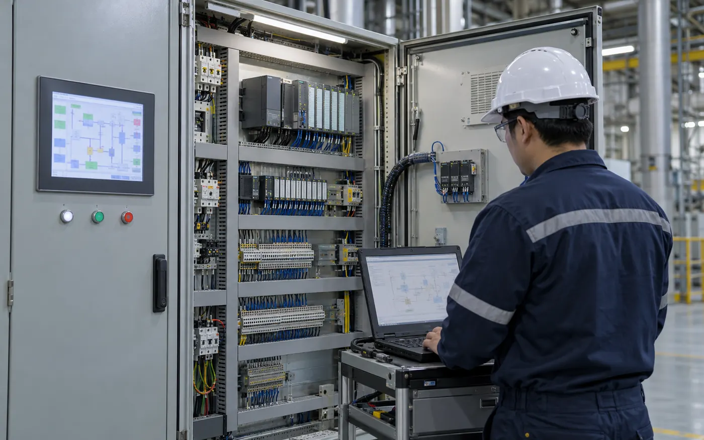 Engineer checking a PLC and I/O cabinet with an HMI