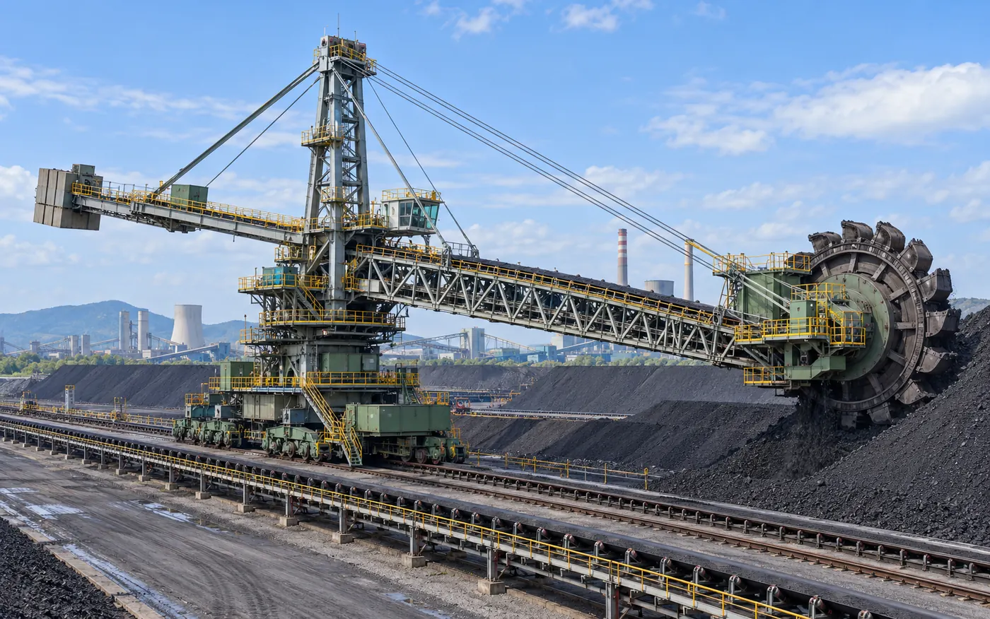 Bucket-wheel stacker reclaimer in a coal stockyard